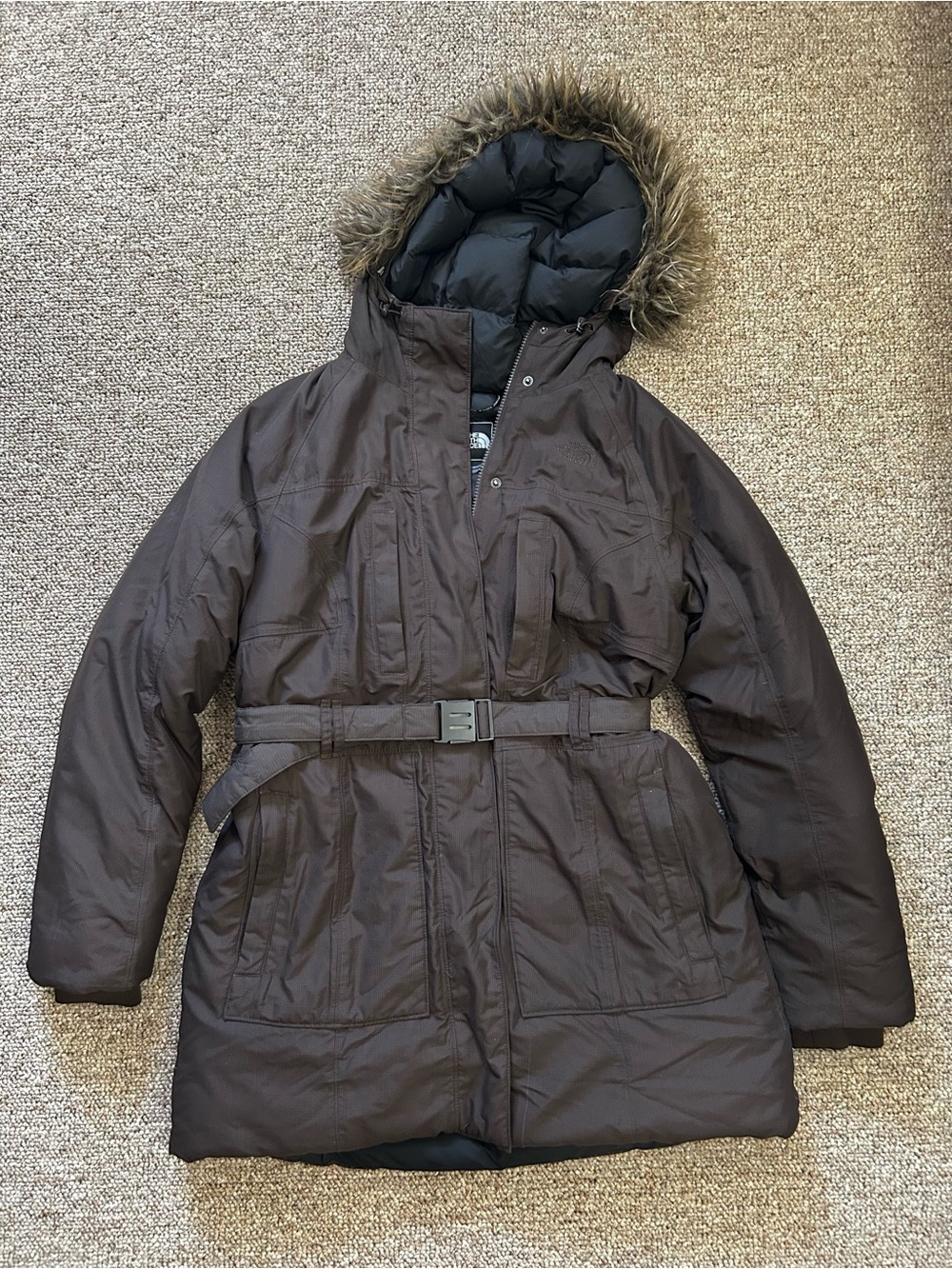 The North Face woman’s Brown Puffer Parka with Faux-Fur Trimmed Hood